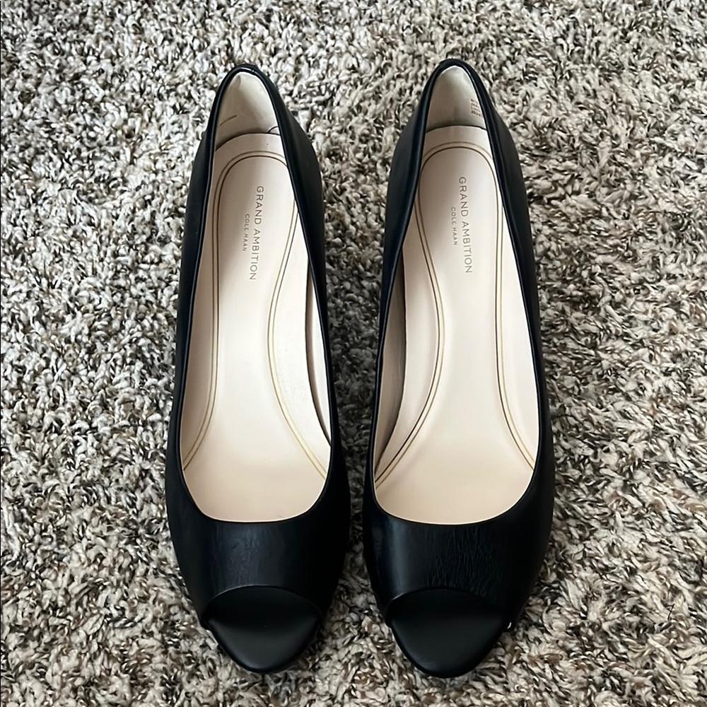 Cole Haan black peep toe wedges